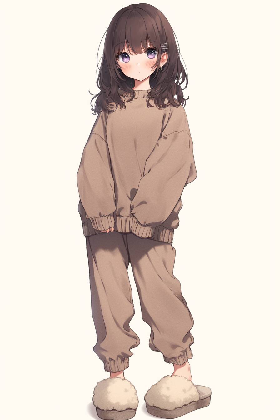 Garota de anime com um suéter oversized de malha, calças jogger soltas e chinelos fofos, perfeito para um dia aconchegante em casa.