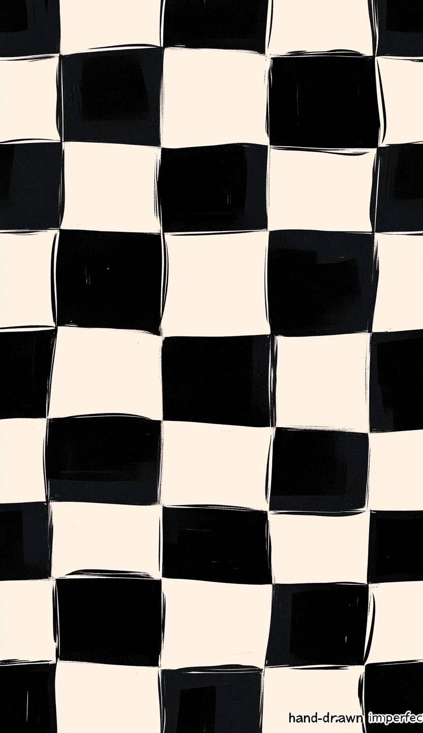 O padrão é um design de checkerboard irregular desenhado à mão, conferindo uma sensação casual e artística.