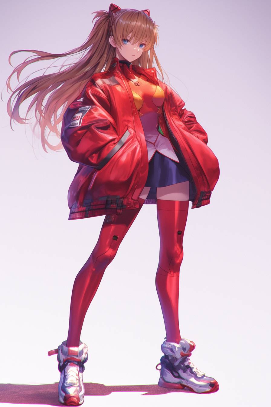 Actrice superstar en Asuka Langley avec un uniforme scolaire futuriste en rouge et blanc, veste rouge et bottes hautes.