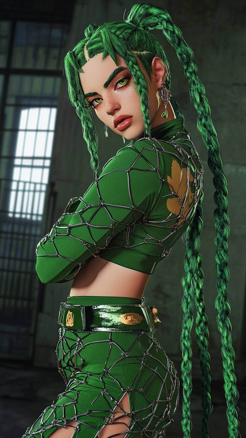 Jolyne Cujoh, cabello verde con trenzas, atuendo de telaraña, pose feroz, fondo de prisión.