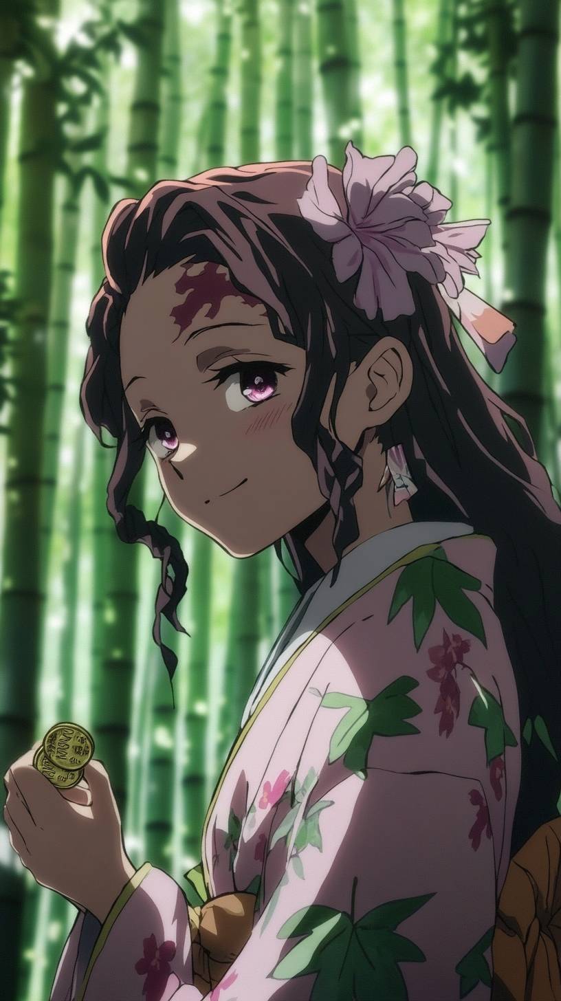 Kanao Tsuyuri aus Demon Slayer trägt ein blumiges Kimono, hat einen sanften Gesichtsausdruck, hält eine Münze und befindet sich in einem ruhigen Bambuswald.