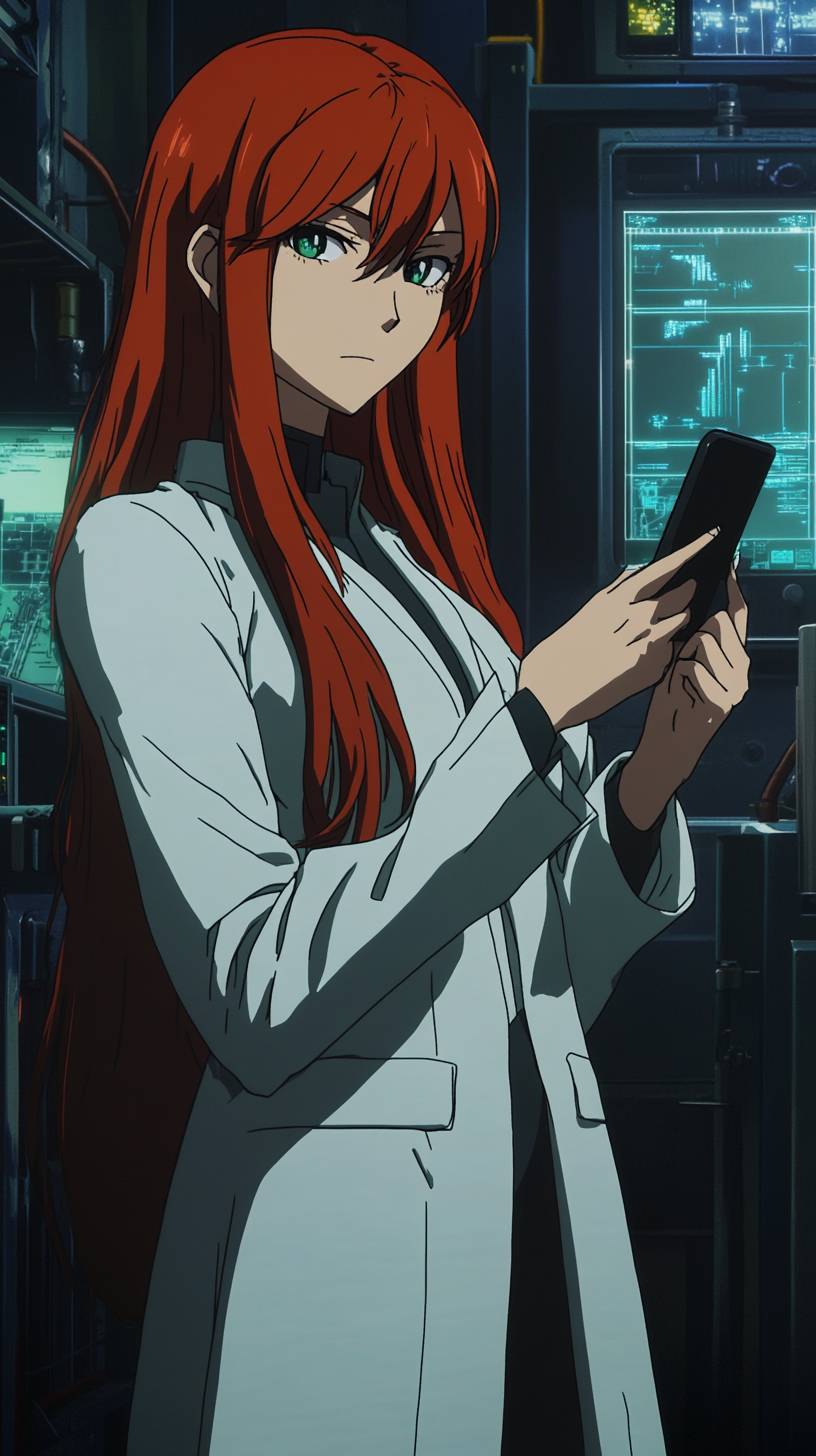 Kurisu Makise porte une blouse blanche et tient un téléphone dans un laboratoire futuriste.