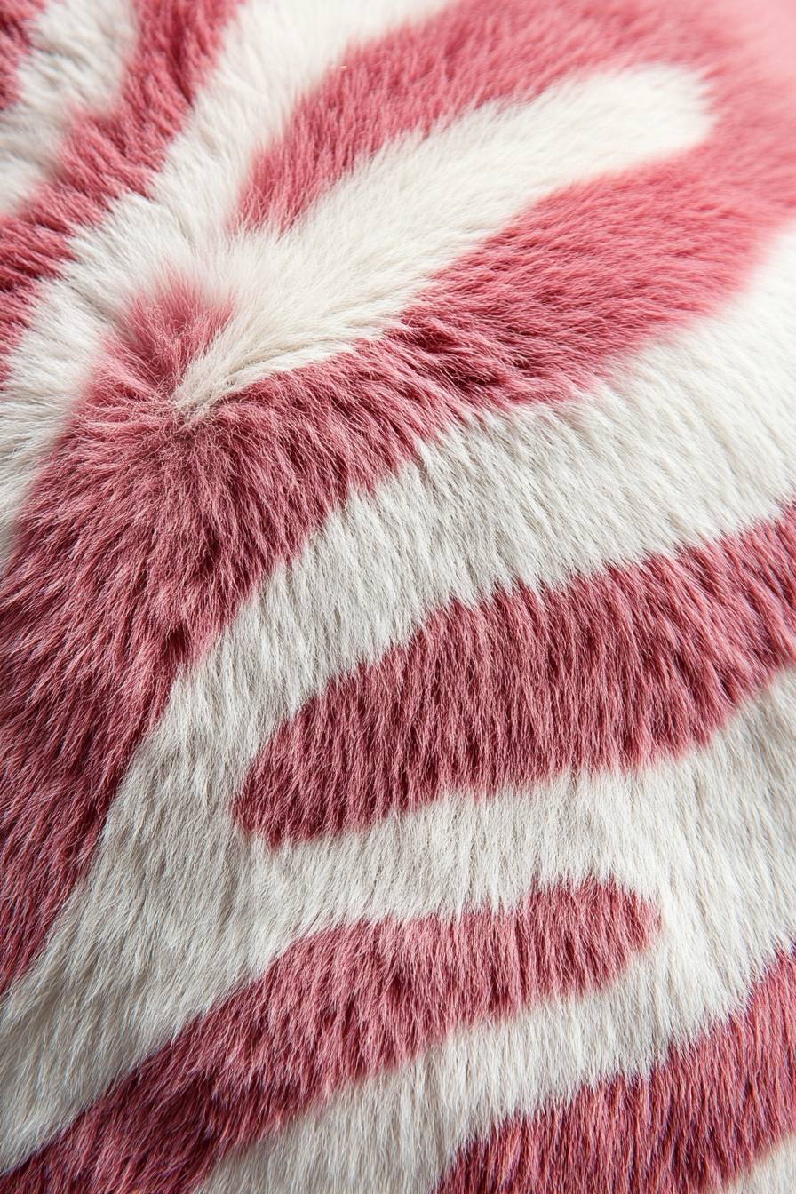 Um close-up do padrão na pelagem de uma zebra rosa e branca.