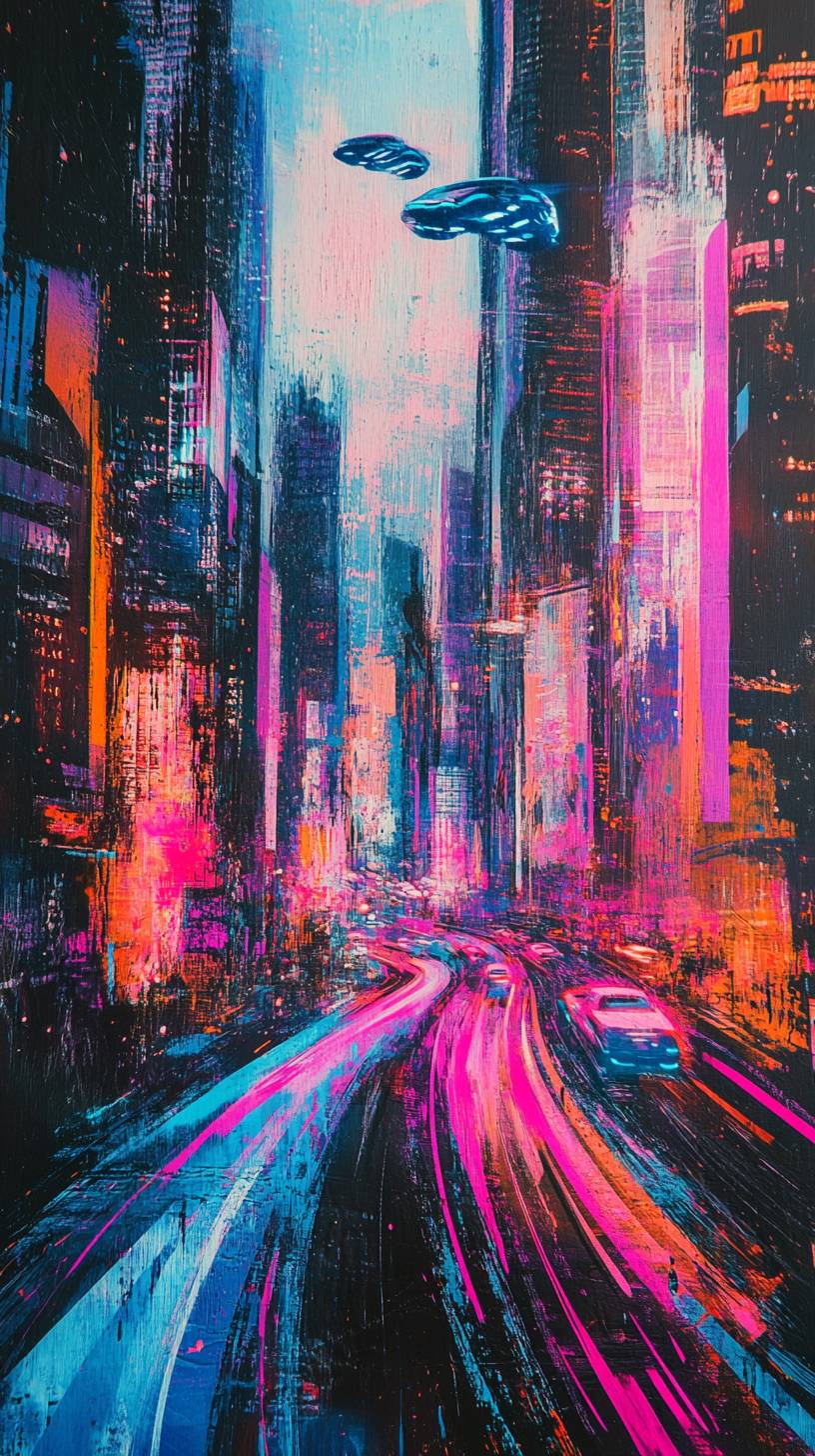 Un paysage urbain futuriste éclairé au néon la nuit, avec des gratte-ciels et des voitures volantes, rempli de couleurs vives.