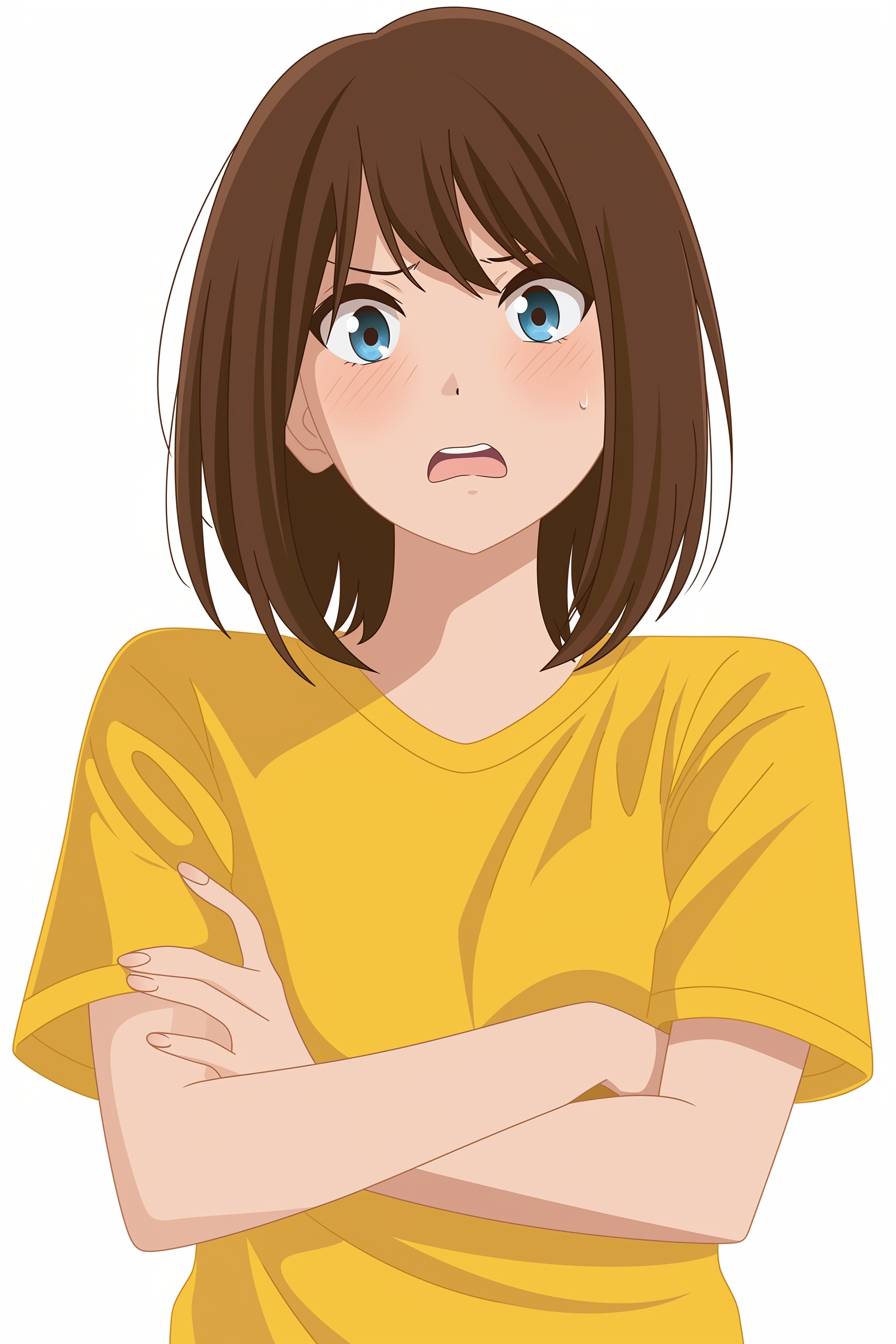 茶色の髪と青い目をした控えめな女の子が、黄色のTシャツを着て驚いた表情をしています。