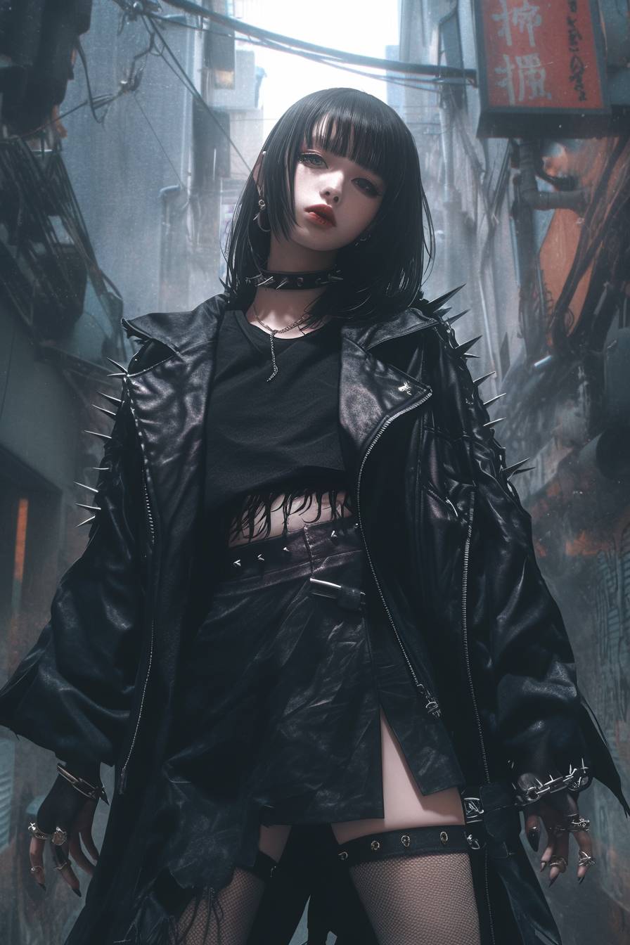 Influencer de moda como Misa Amane, con chaqueta de cuero negro, cinturón con tachuelas, maquillaje dramático de ojos y accesorios inspirados en el punk, de pie en un callejón urbano.