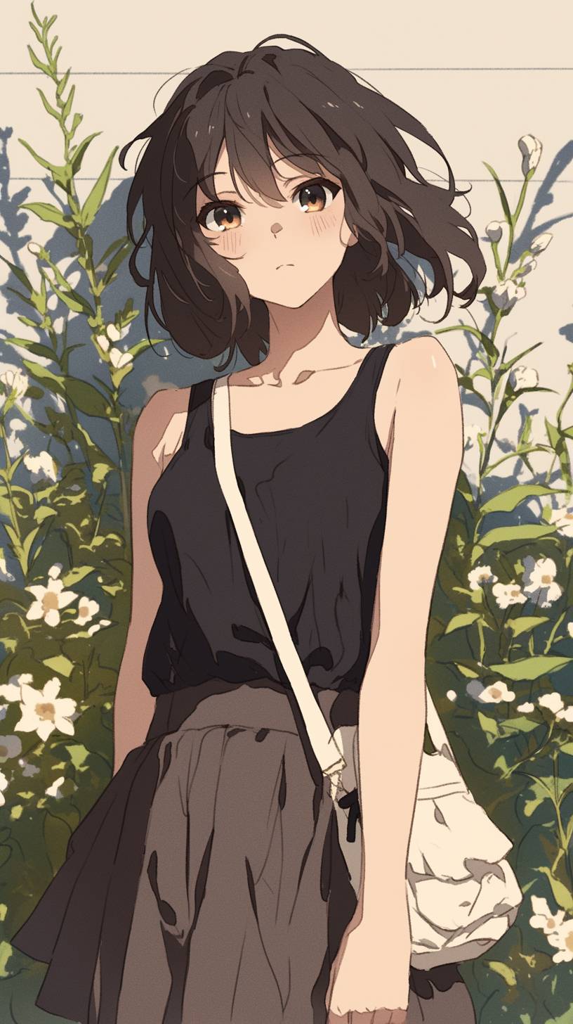 Yuki Nagato from The Melancholy of Haruhi Suzumiya in a black tank top and pleated skirt, minimalist yet cute, perfect for spring.