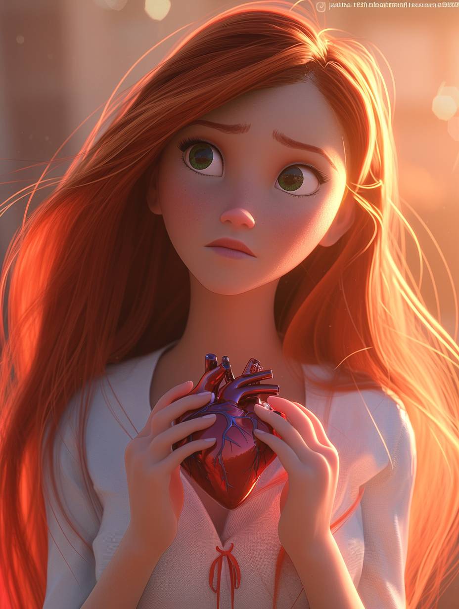 An 18-year-old girl with long red hair and a mechanical heart living in an orphanage in Disney cartoon style.