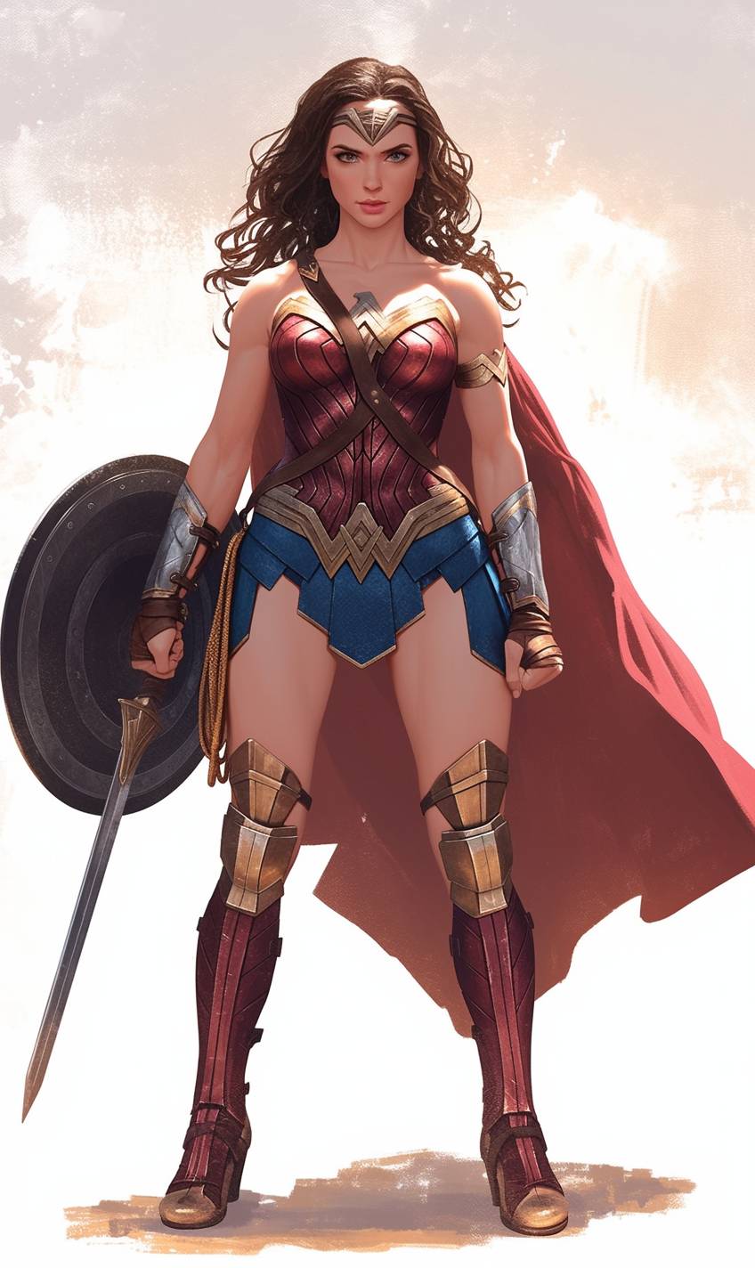 Eine Prominente, die als Wonder Woman gekleidet ist, in einem eleganten metallischen Korsett, Gladiatorensandalen und einem fließenden roten Umhang sowie mit mutigem Make-up.