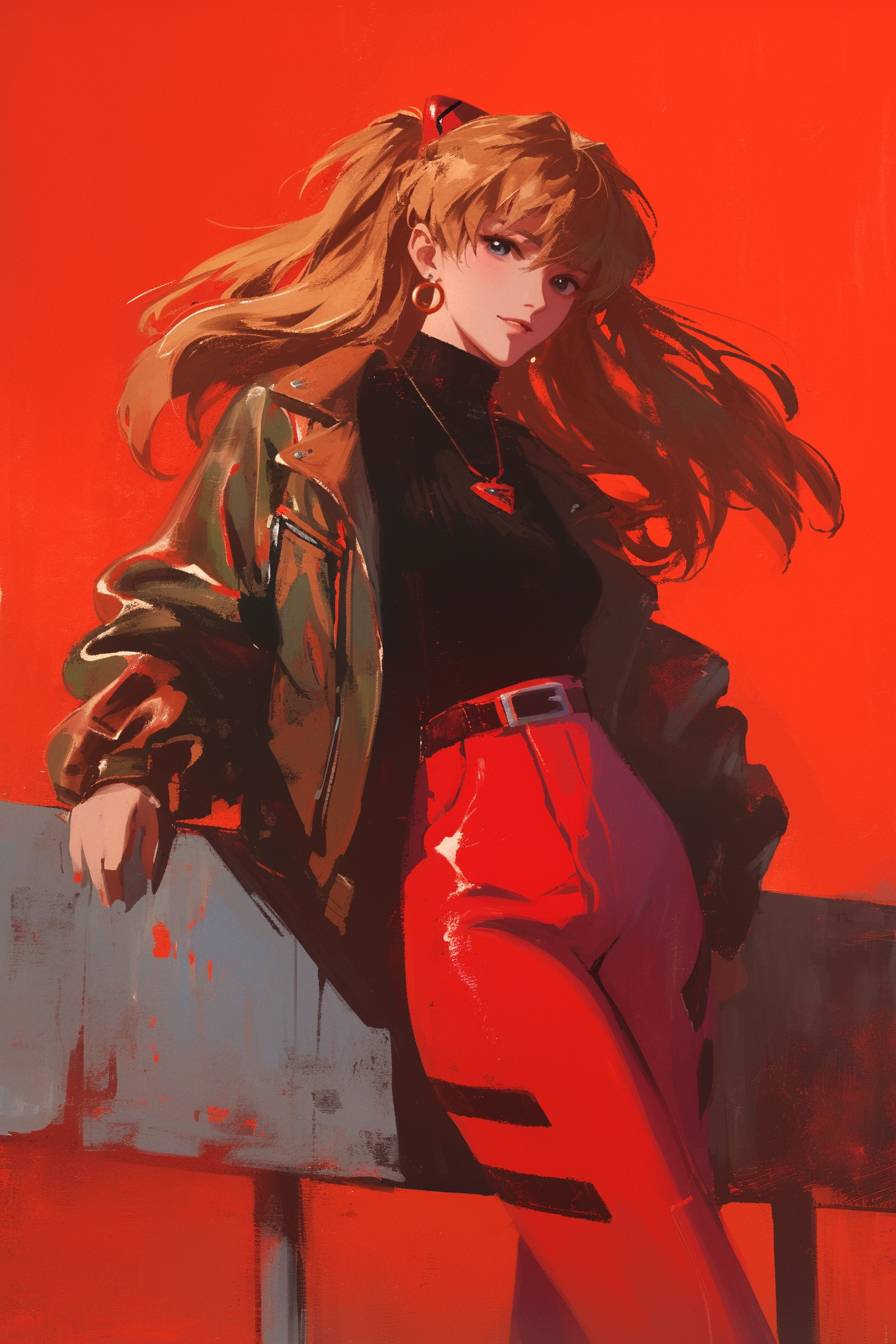 Asuka Langley de Evangelion exibe um visual urbano ousado e estiloso com jaqueta de couro e calças de cintura alta.