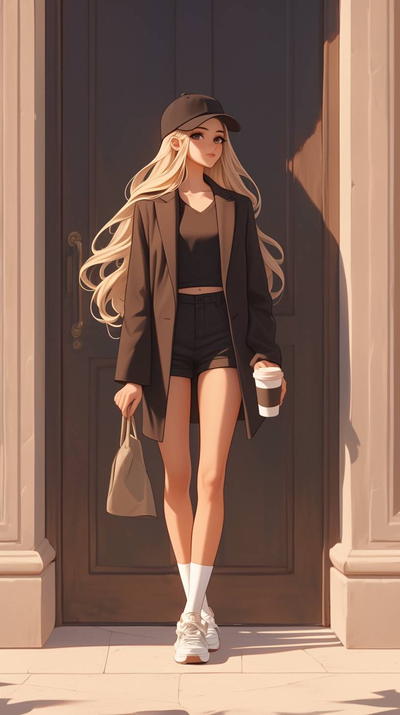 An elegant brunette walking down the street, holding coffee cups, wearing white socks, a grey blazer, and a black cap.