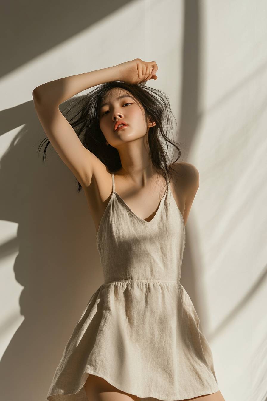 An Asian woman in a beige cotton mini dress, comfortable and confident, in a sunlit studio.