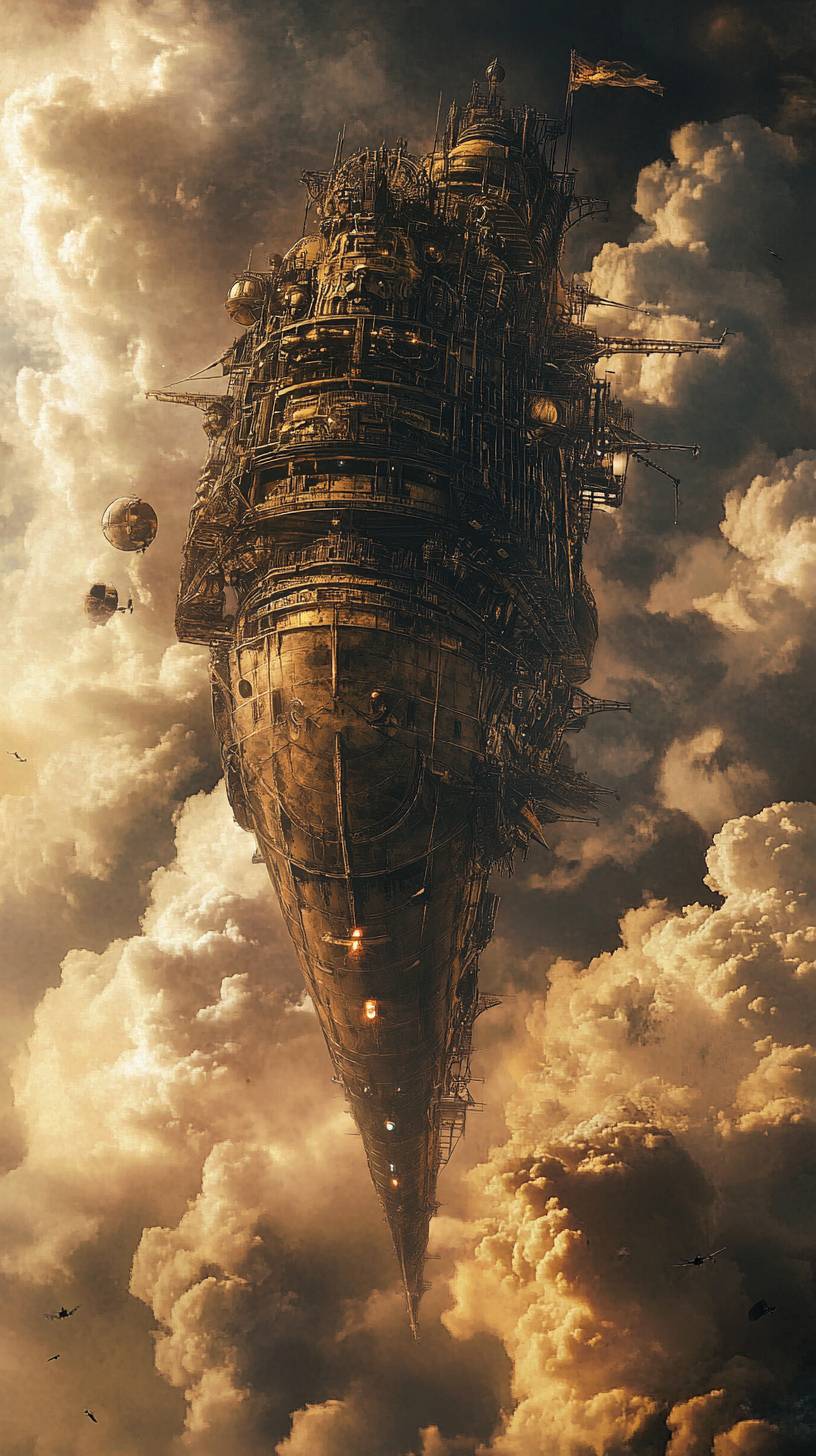 Steampunk airship piercing through clouds in warm tones with high detail.