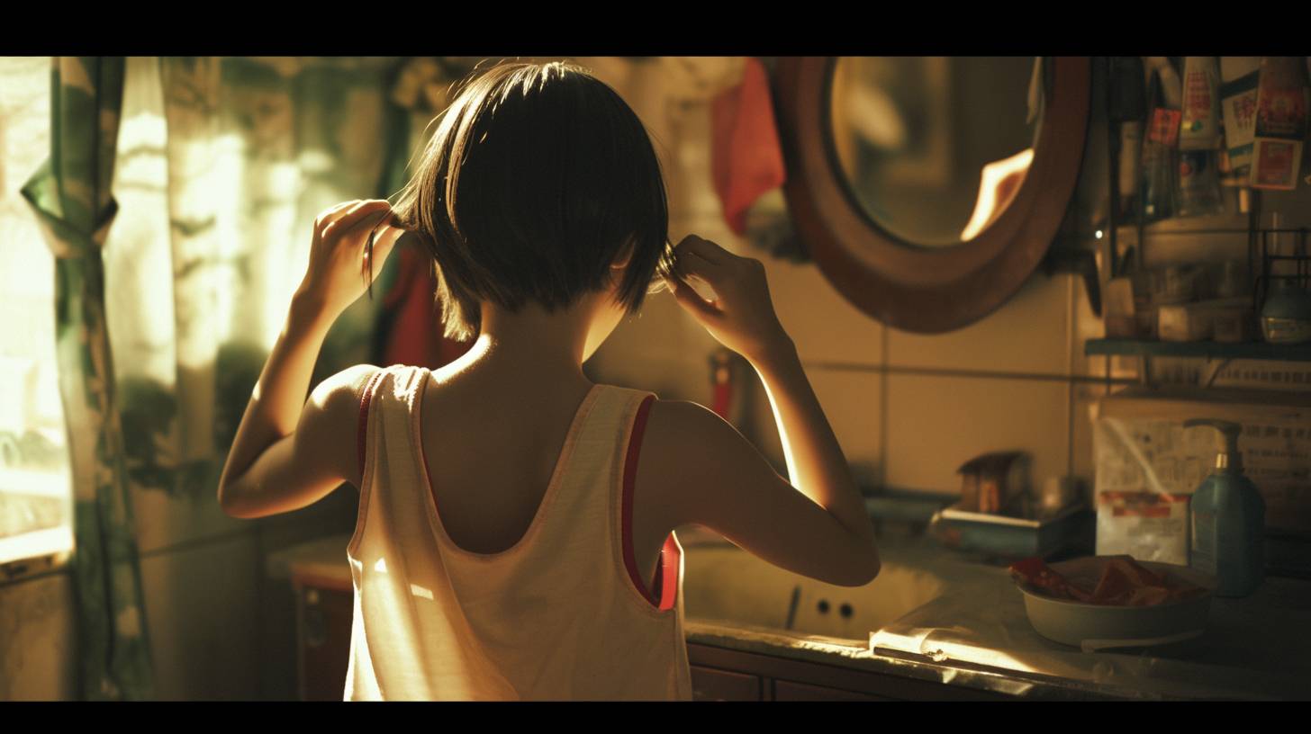 In 2000, a short-haired Chinese teenage girl is fixing her hair in front of a mirror.