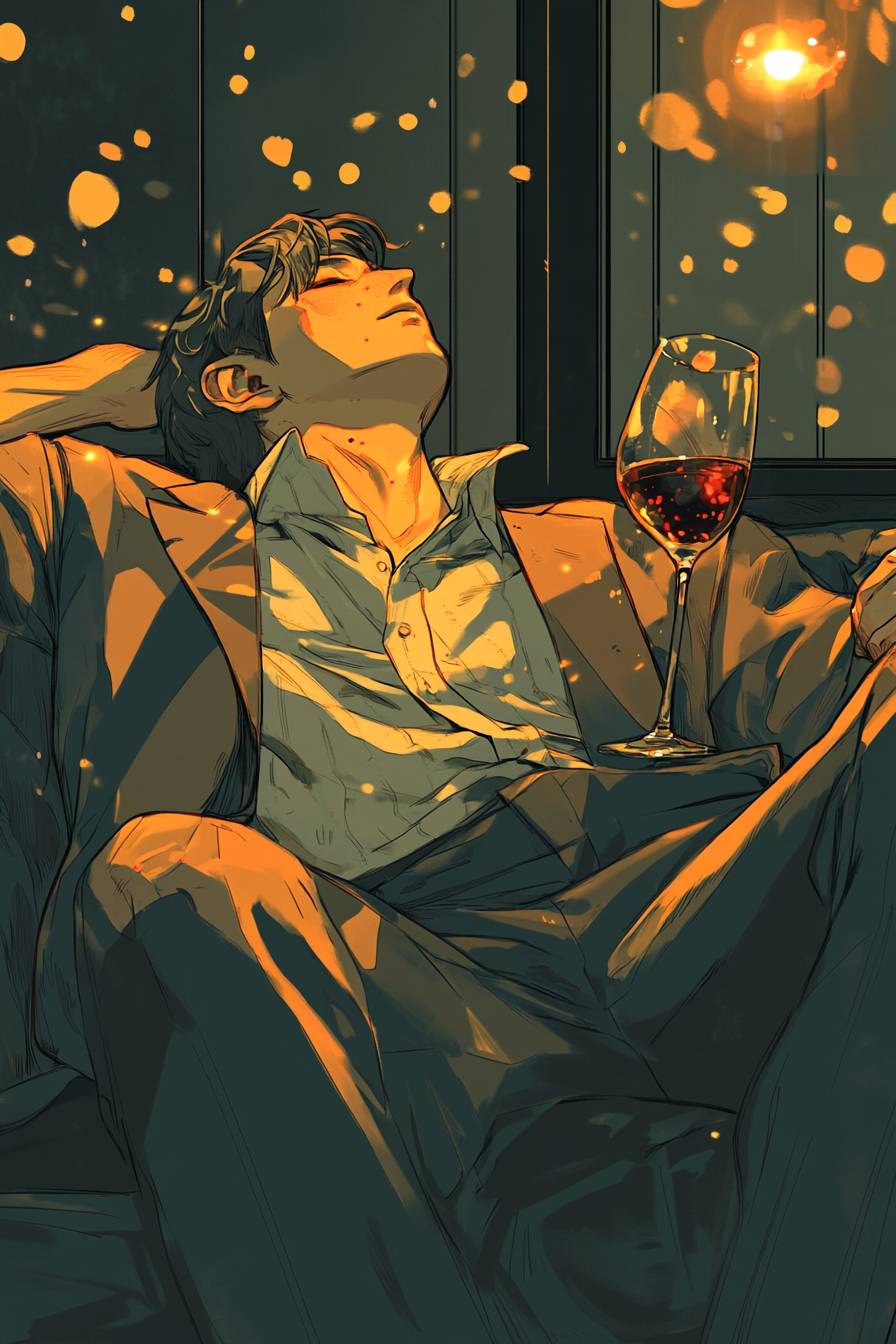 A handsome man is half lying on the sofa, drunk, wearing a suit with red wine stains on his shirt.