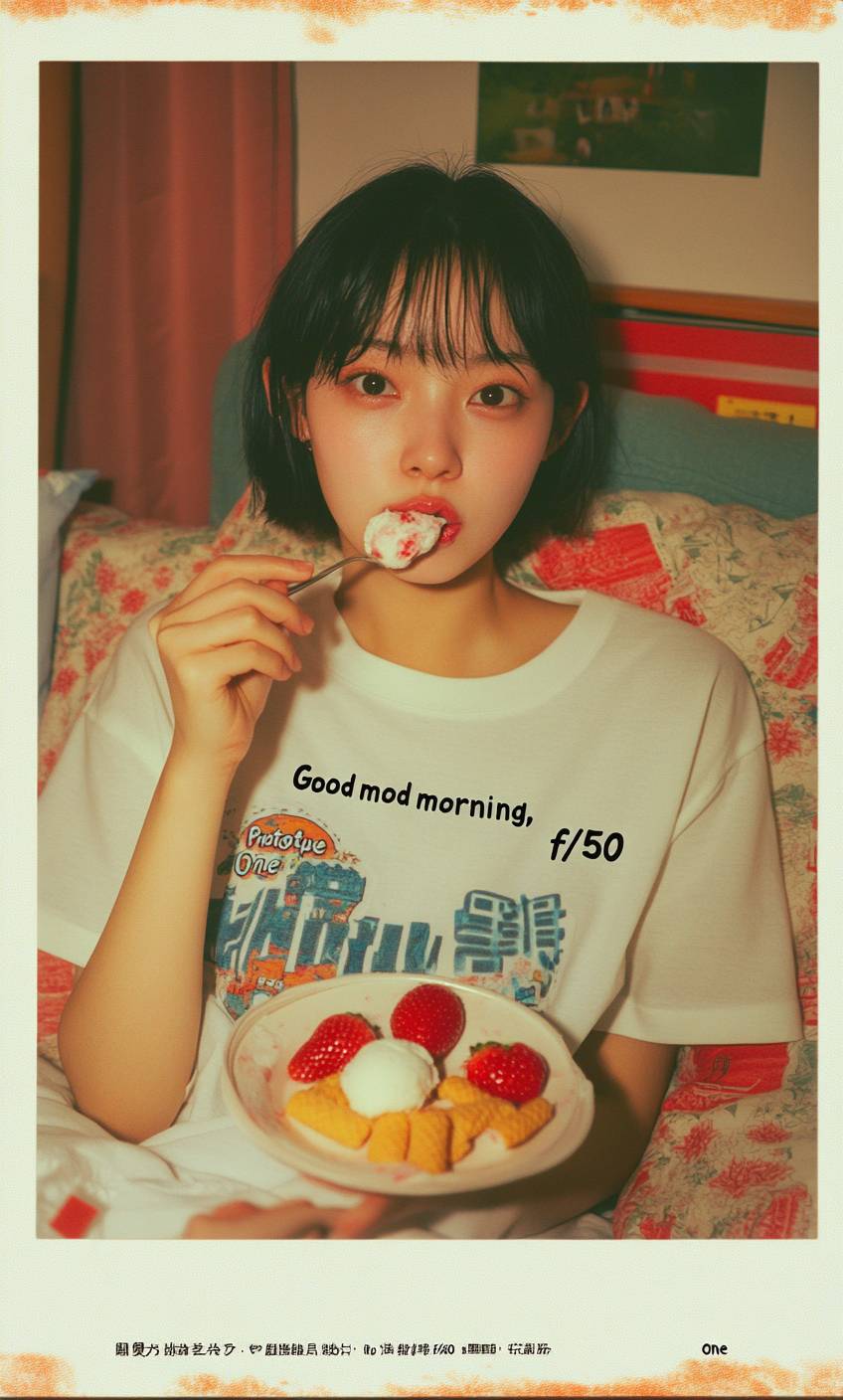 Una mujer asiática en la cama comiendo helado, vestida con una camiseta blanca que dice 'Buenos días, linda'.