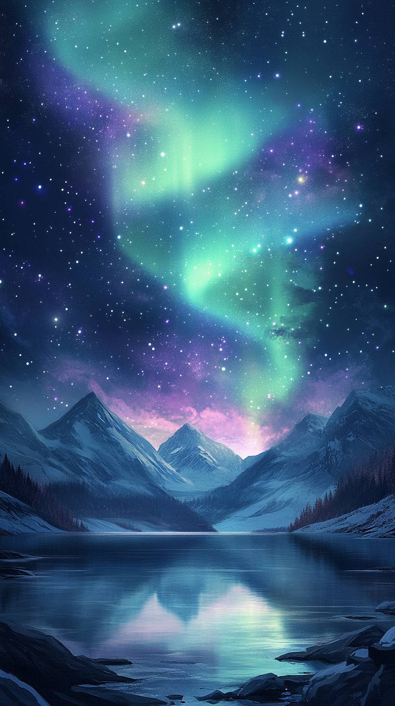 The Northern Lights dance over a serene mountain landscape, reflecting soft hues of green, purple, and blue on a calm lake surface.