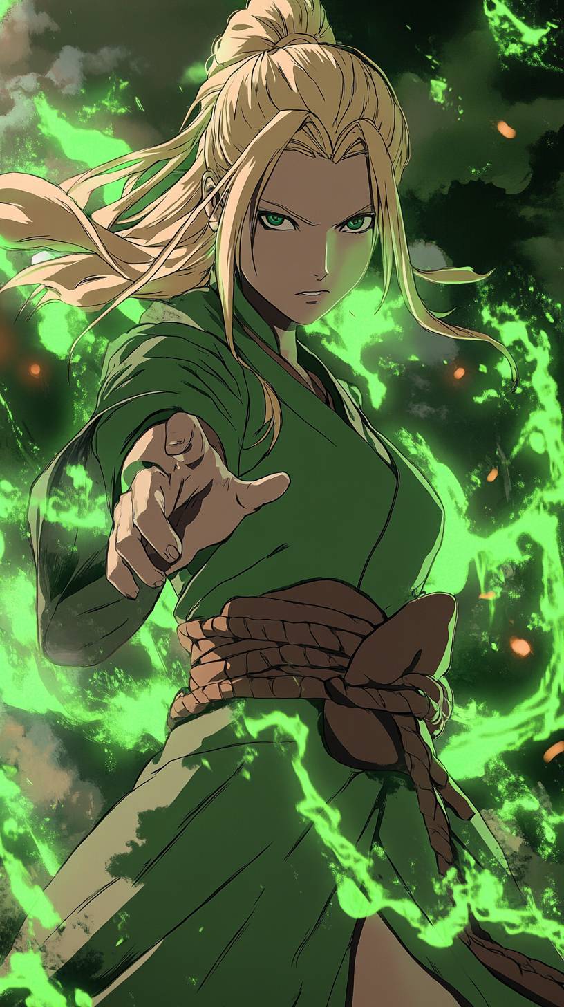 Tsunade de Naruto, cabello rubio en coletas, usando un haori verde, postura poderosa, chakra médico brillante.