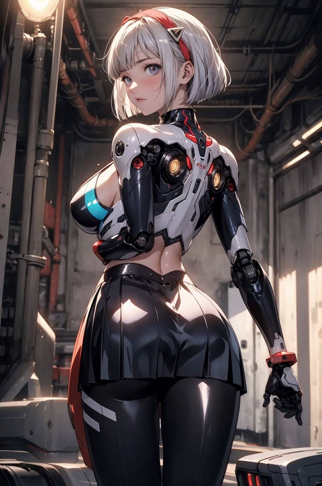 Uma personagem feminina vestida com armadura de estilo tecnológico futurista.