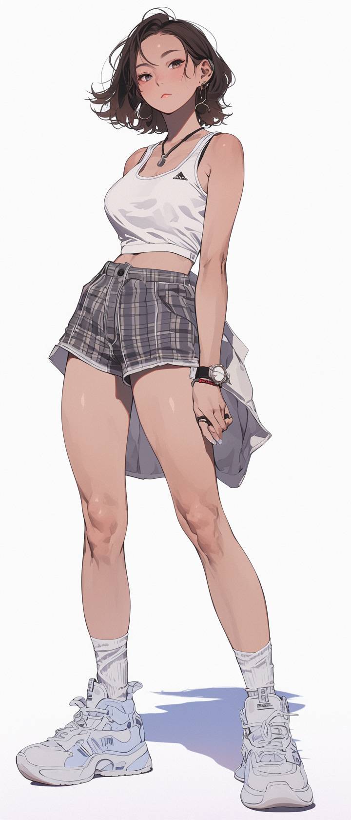 Riko Aida trägt ein weißes Tanktop und kariertem Shorts, zeigt einen bequemen und süßen sportlichen Frühlingslook.