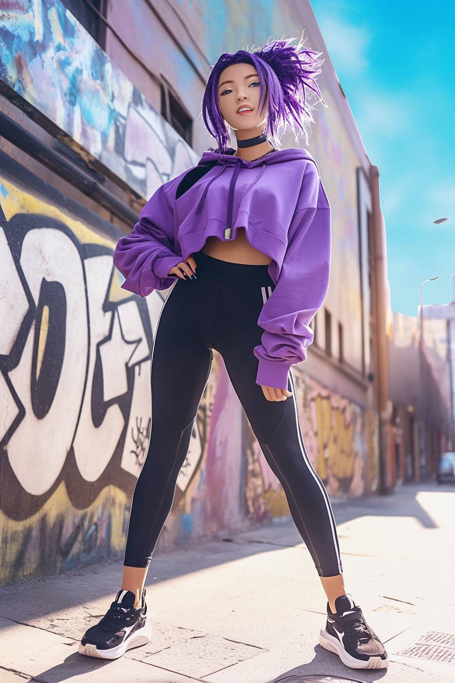 Influencer disfrazada de Yoruichi de Bleach, con un estilo moderno de streetwear y atlético, sudadera morada y leggings negros, sonrisa confiada, fondo urbano.