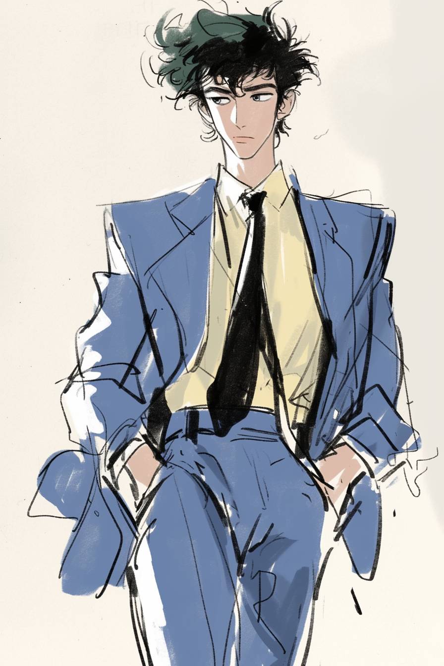 Spike Spiegel usa um terno azul, camisa amarela, gravata preta e cabelo verde bagunçado, transmitindo uma vibe retrô e legal.