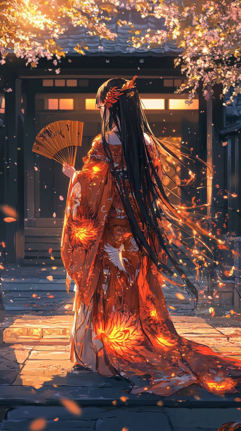 Kyojuro Rengoku’s sister in a flame-patterned kimono, holding a wooden fan, standing in a traditional Japanese courtyard.