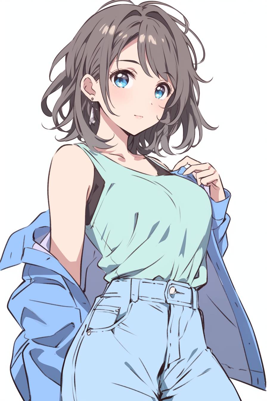 Yui Hirasawa porte un top sans manches et un jean bleu confortable, parfait pour un pique-nique de printemps, avec une ambiance fraîche et décontractée et des accessoires casual.