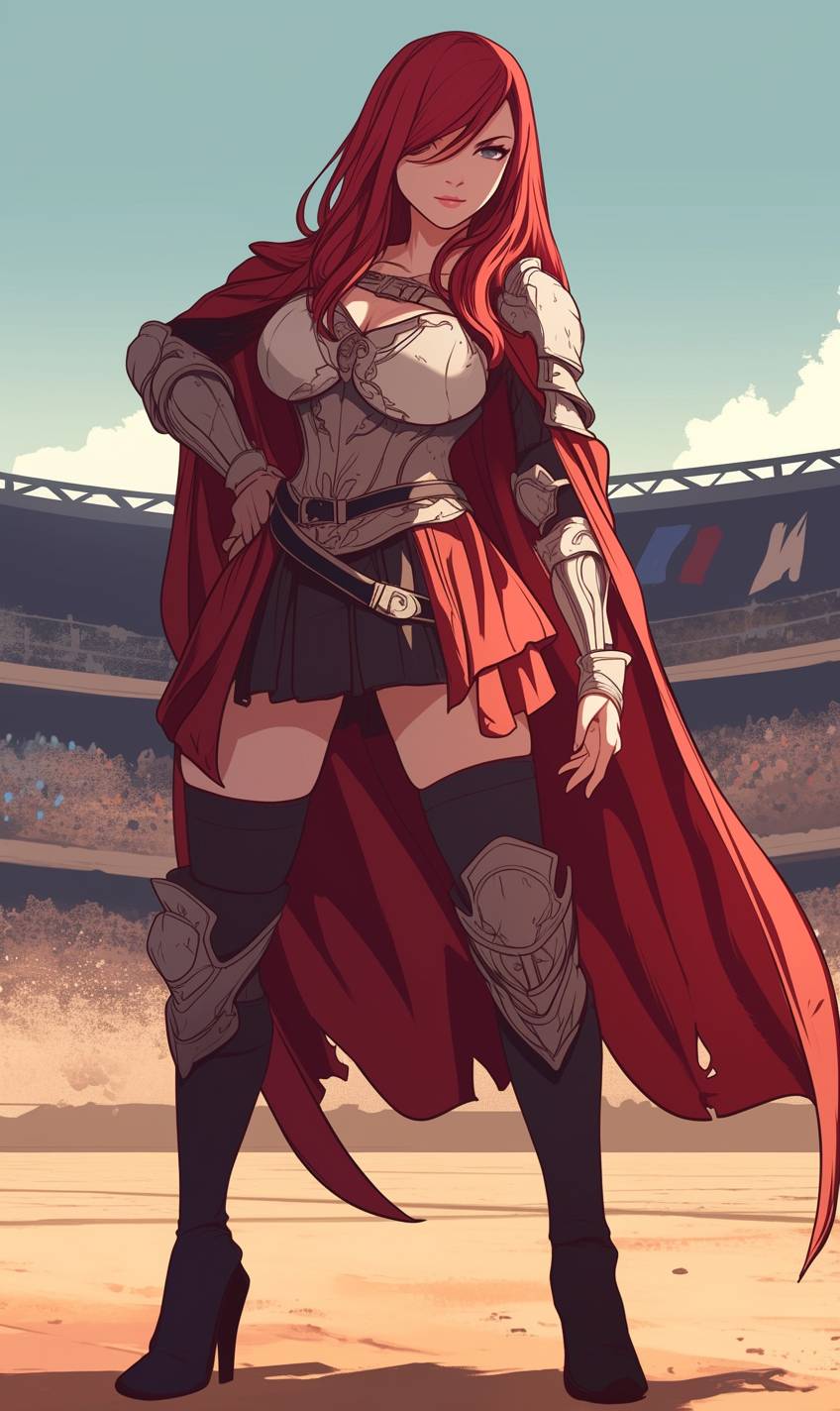 Pop culture icon Erza Scarlet, wearing a modern twist on armor and a flowing red cape, stands confidently and gracefully.