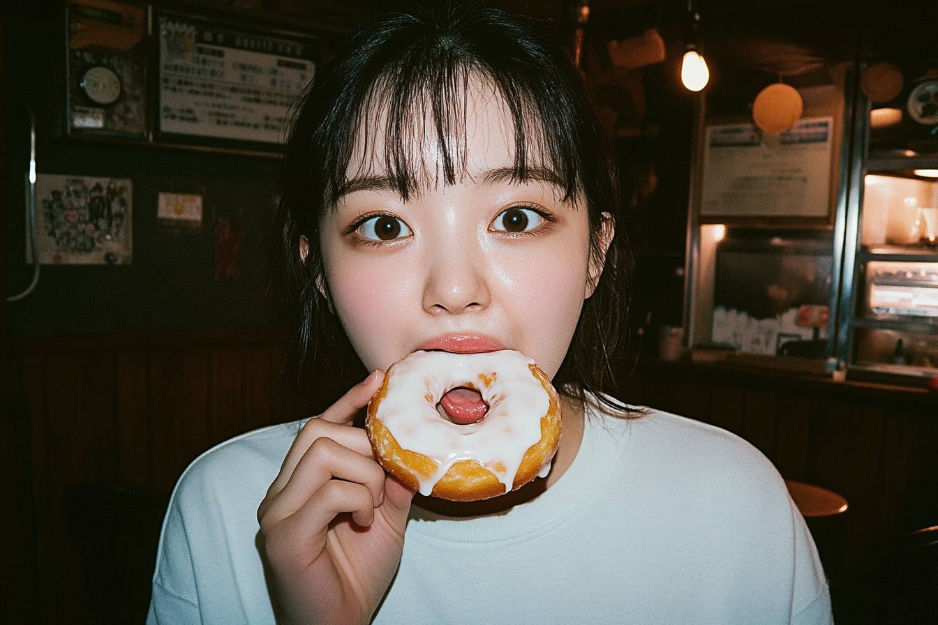 Une photo vintage d'une jeune femme coréenne mordant joyeusement dans un donut glacé, portant un t-shirt blanc dans un décor rétro.