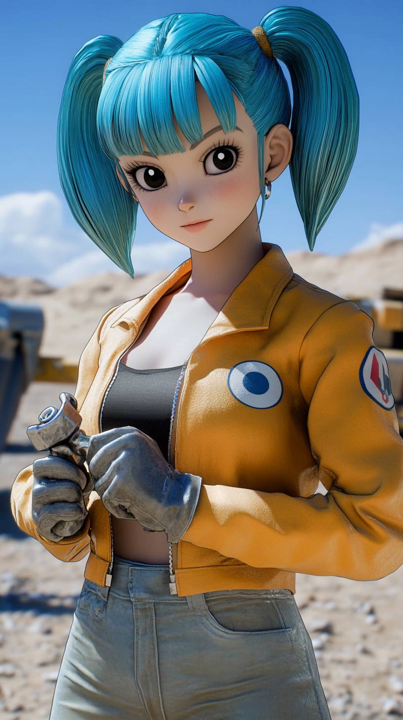 Bulma de Dragon Ball, cabelo azul, jaqueta da Capsule Corp, segurando uma chave inglesa, em um laboratório de tecnologia do deserto.