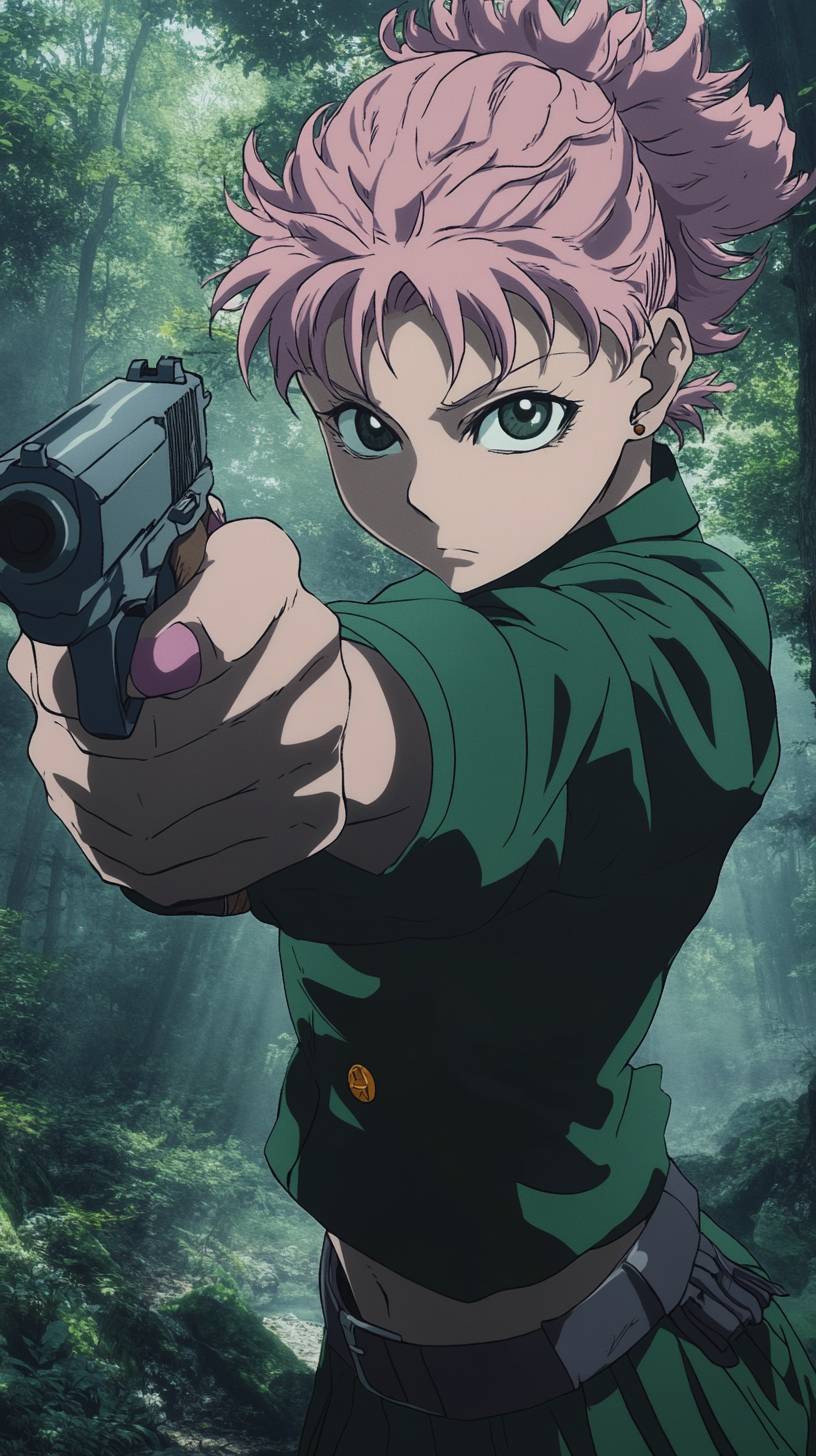 Mai Zenin de Jujutsu Kaisen en uniforme scolaire vert, brandissant un pistolet, avec une attitude froide dans une forêt brumeuse.