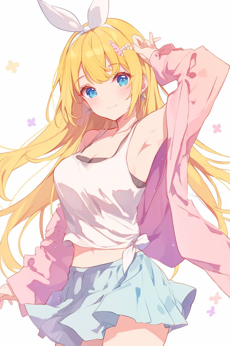 Chitoge Kirisaki veste uma camiseta branca e uma saia rosa claro, exibindo a moda jovem da primavera.