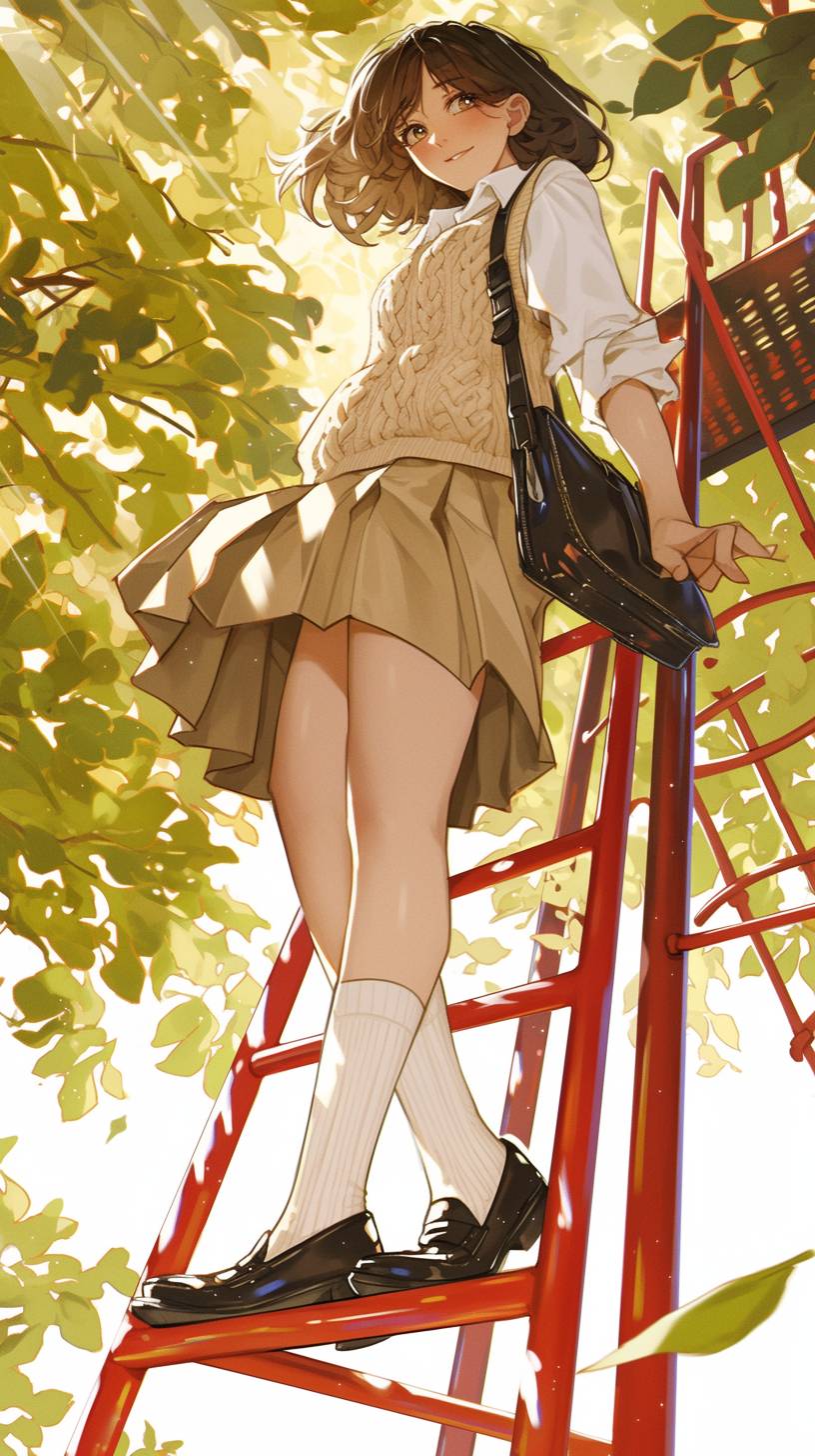 A confident teenage girl stands on a playground slide ladder, wearing a khaki skirt and beige sweater vest, radiating elegance and charm.