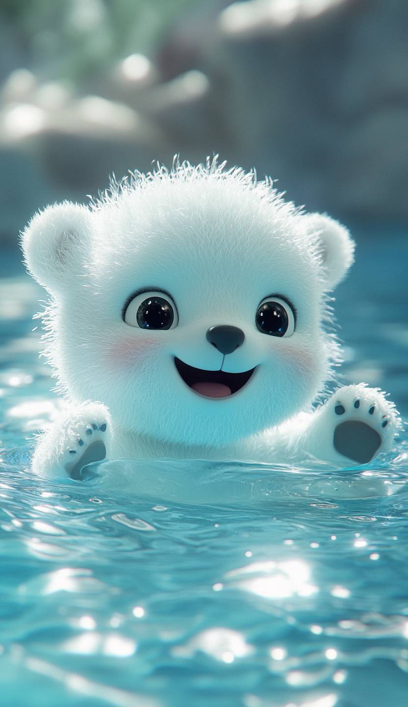 A cute baby polar bear is playing with water ripples in a pool, looking happy.