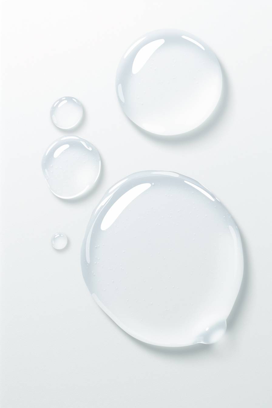 Three water droplets on a white background, minimalist style, clear and transparent