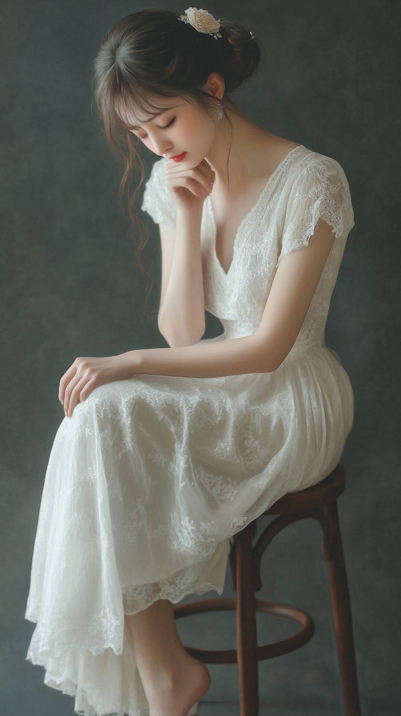 A middle-aged Chinese woman in a white dress sits elegantly on a stool, her head lowered to the side.