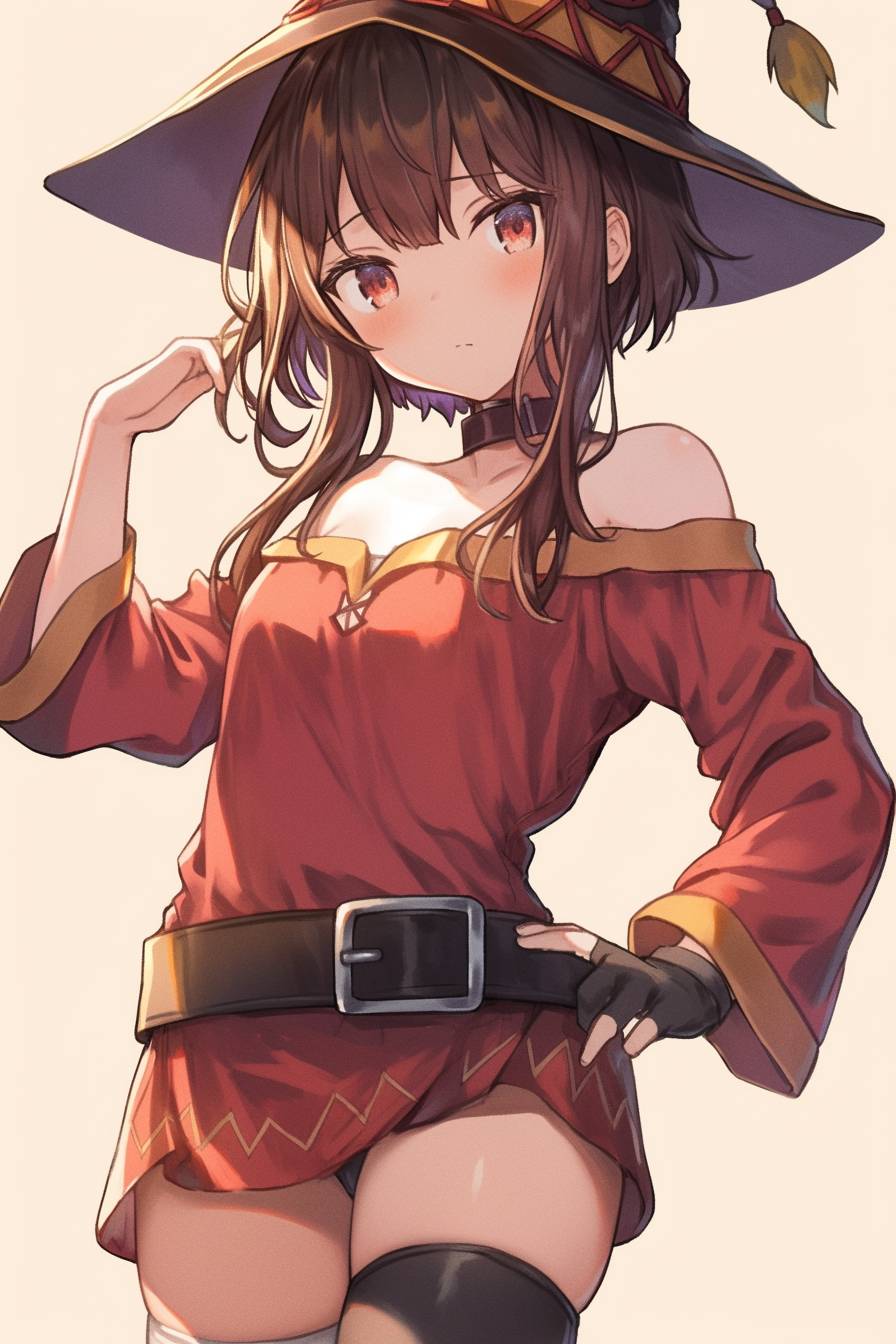 Megumin from Konosuba, wearing a cropped top and mini skirt, blends street style with fantasy elements.