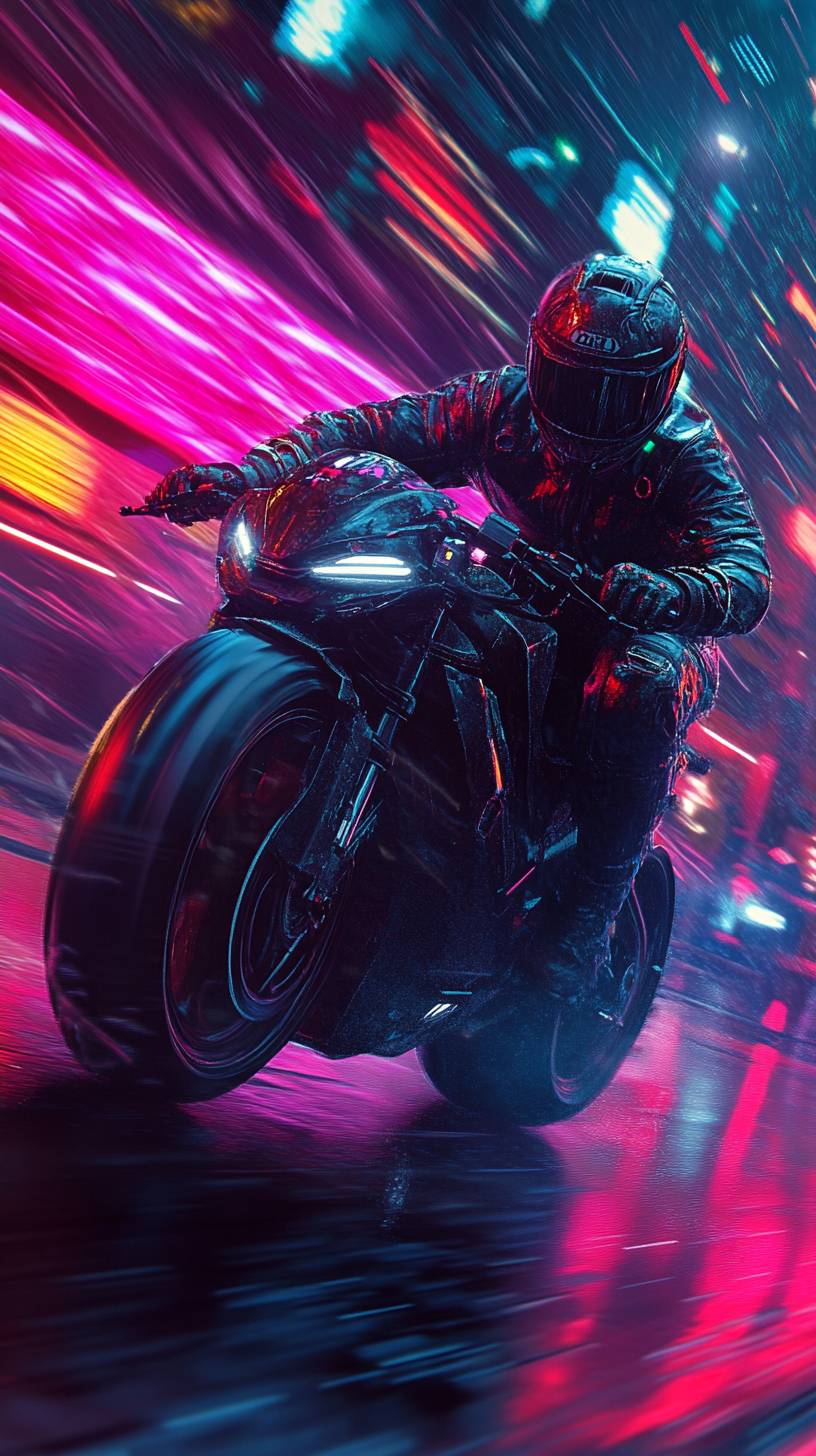 A retro cyberpunk motorcyclist with a neon backdrop.