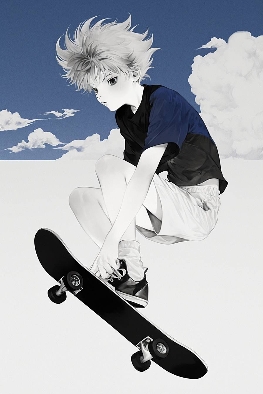 Killua wears white shorts, a blue shirt, has silver hair, and rides a skateboard, exuding youthfulness.