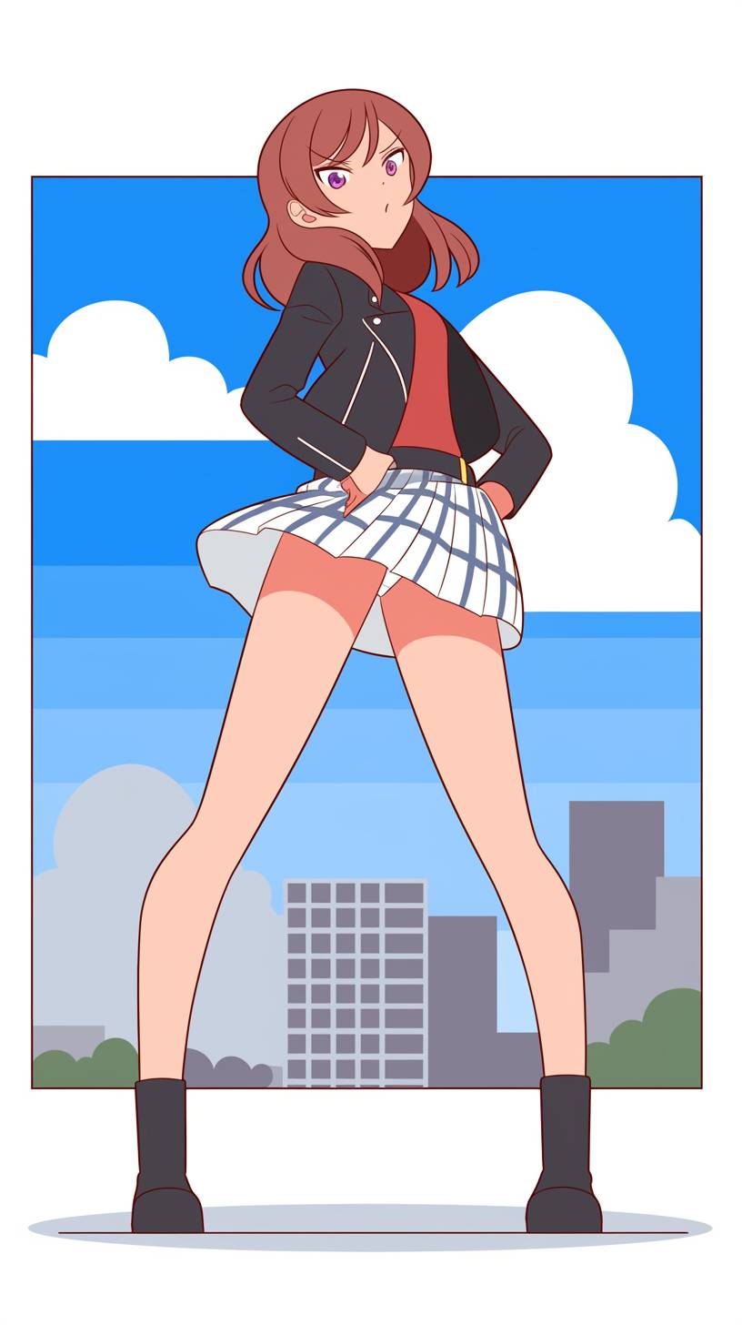 Maki Nishikino from Love Live! wears a black leather jacket, plaid skirt, and stylish boots, showcasing a confident rocker girl look.