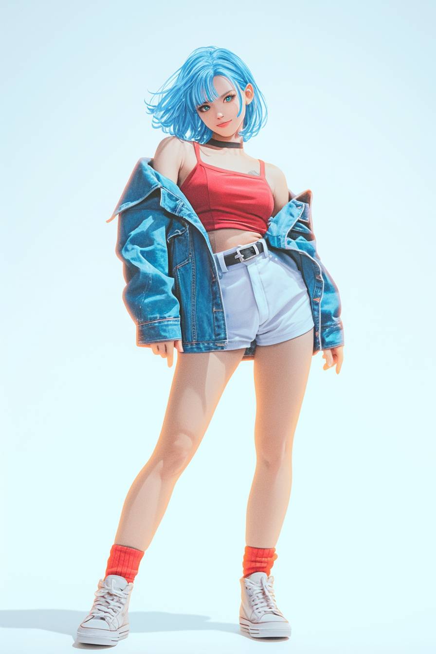 Iconic actress cosplaying as Bulma from Dragon Ball Z with vibrant blue hair, casually stylish look in a denim jacket and sneakers, exuding confidence.