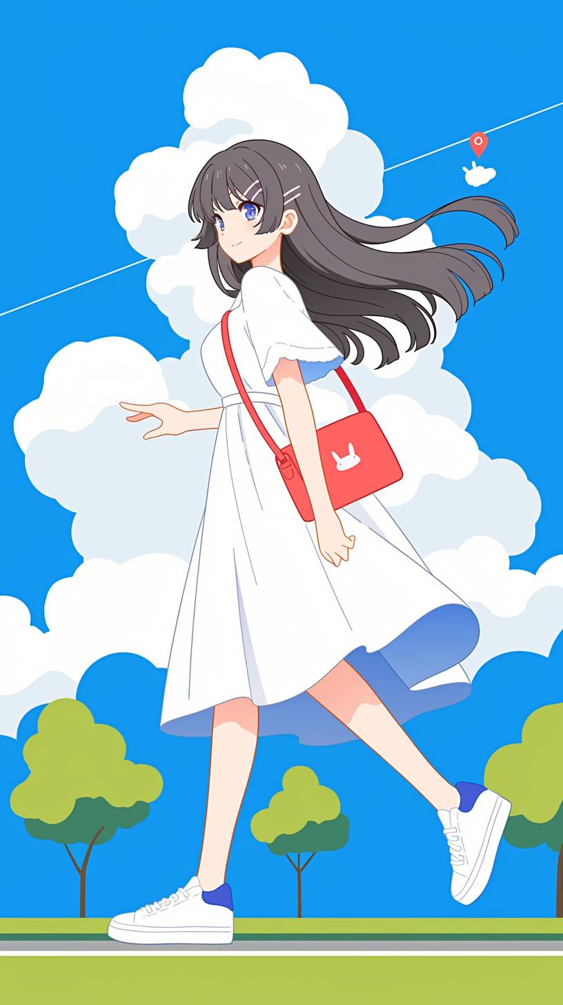 Mai Sakurajima wears a casual dress and white sneakers, showcasing a soft and elegant look in a natural outdoor setting.