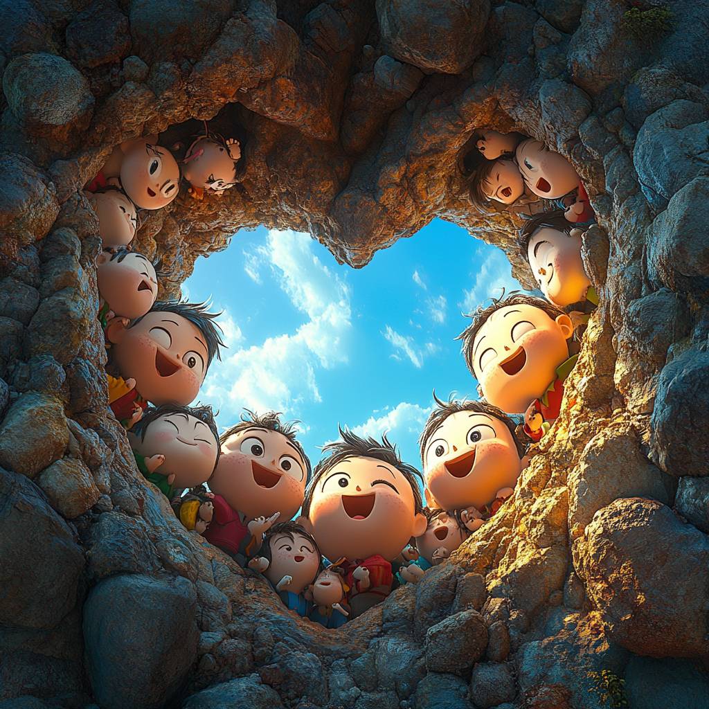 The heart-shaped hole in the rock wall is filled with happy cartoon characters from Crayon Shinchan, set against a joyful sky blue and brown background.