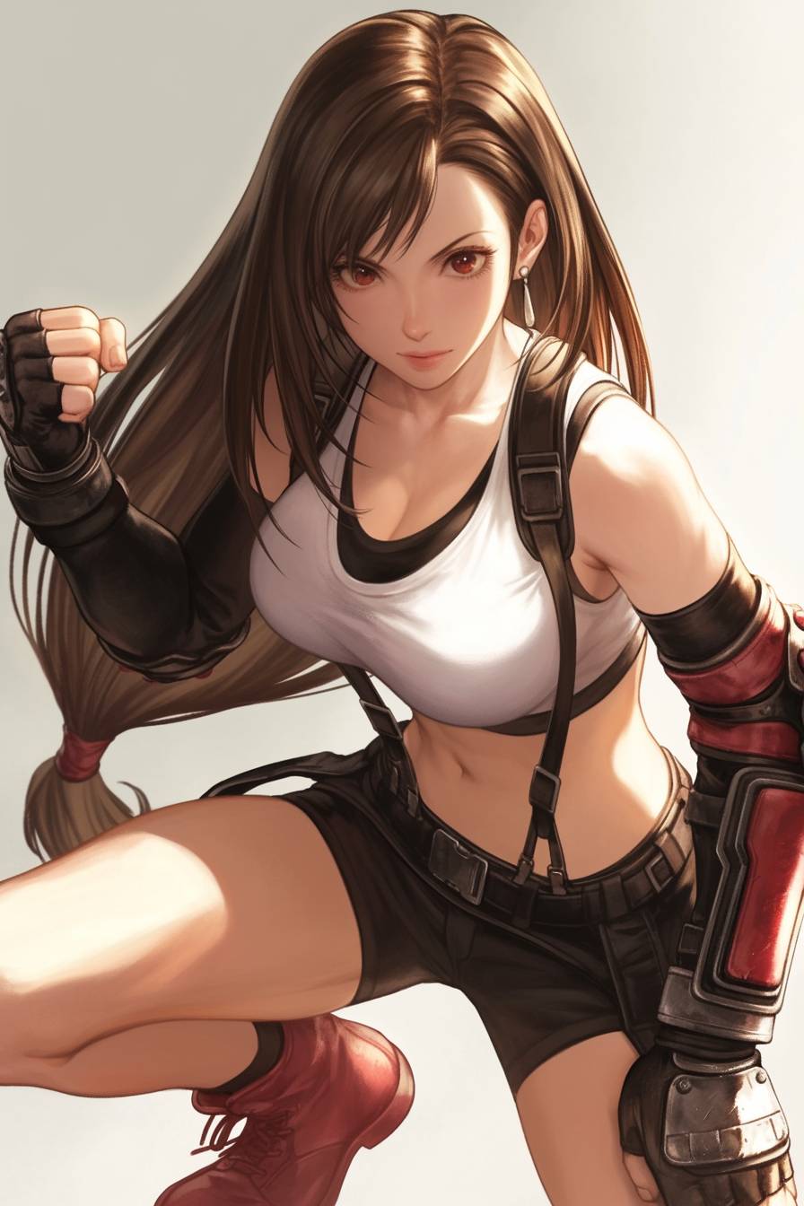 A celebrity dressed as Tifa Lockhart in a black tank top, denim shorts, combat boots, and leather gloves, showcasing a dynamic pose and serious expression.