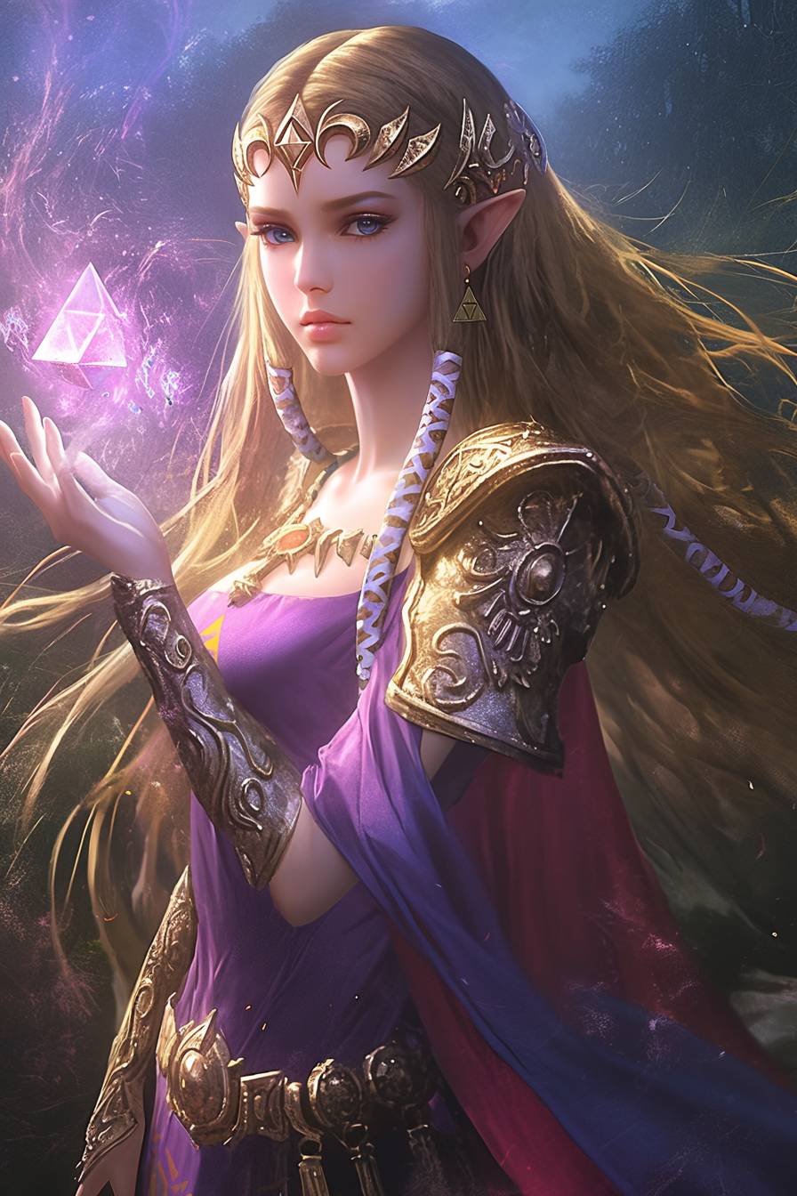 La actriz principal como la princesa Zelda, vistiendo un vestido púrpura real y sosteniendo un artefacto místico.