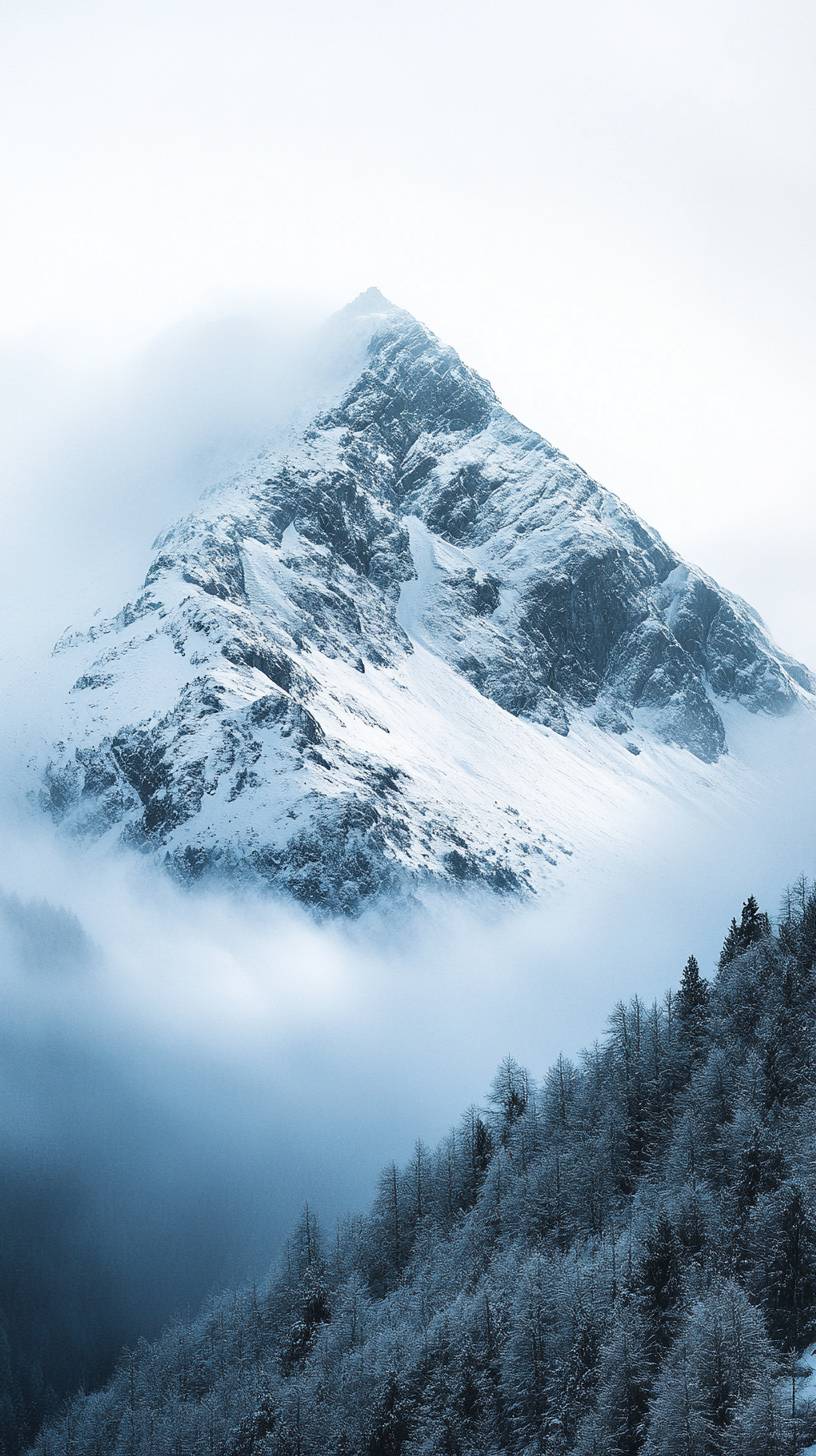 Pico solitário coberto de neve, tons azuis minimalistas, névoa.