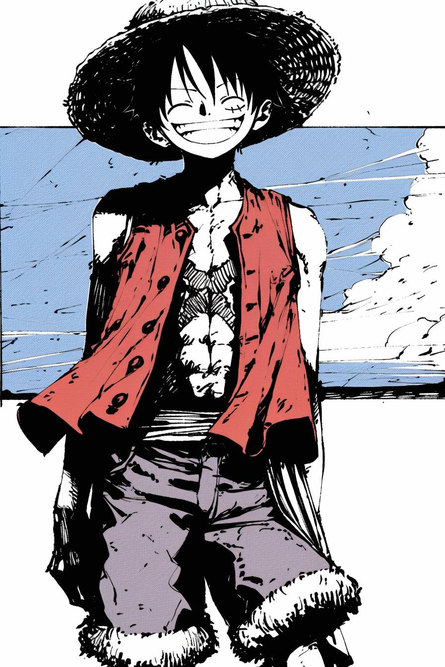 Luffy lleva un sombrero de paja, chaleco rojo, cinturón azul, pantalones cortos de mezclilla y sandalias, con una sonrisa juguetona.