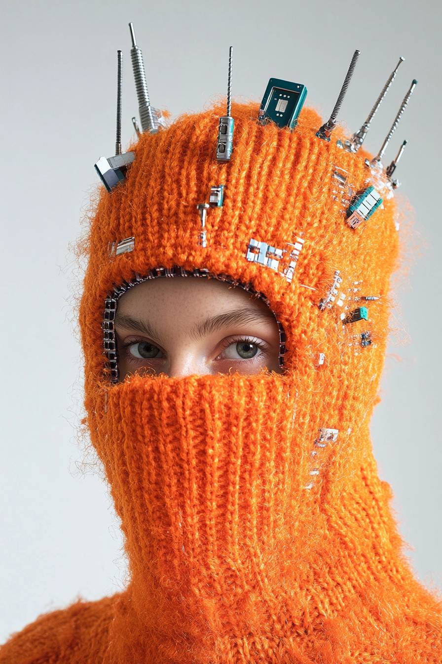 Balaclava de mohair laranja com extensões tubulares na parte superior e pequenos componentes eletrônicos.