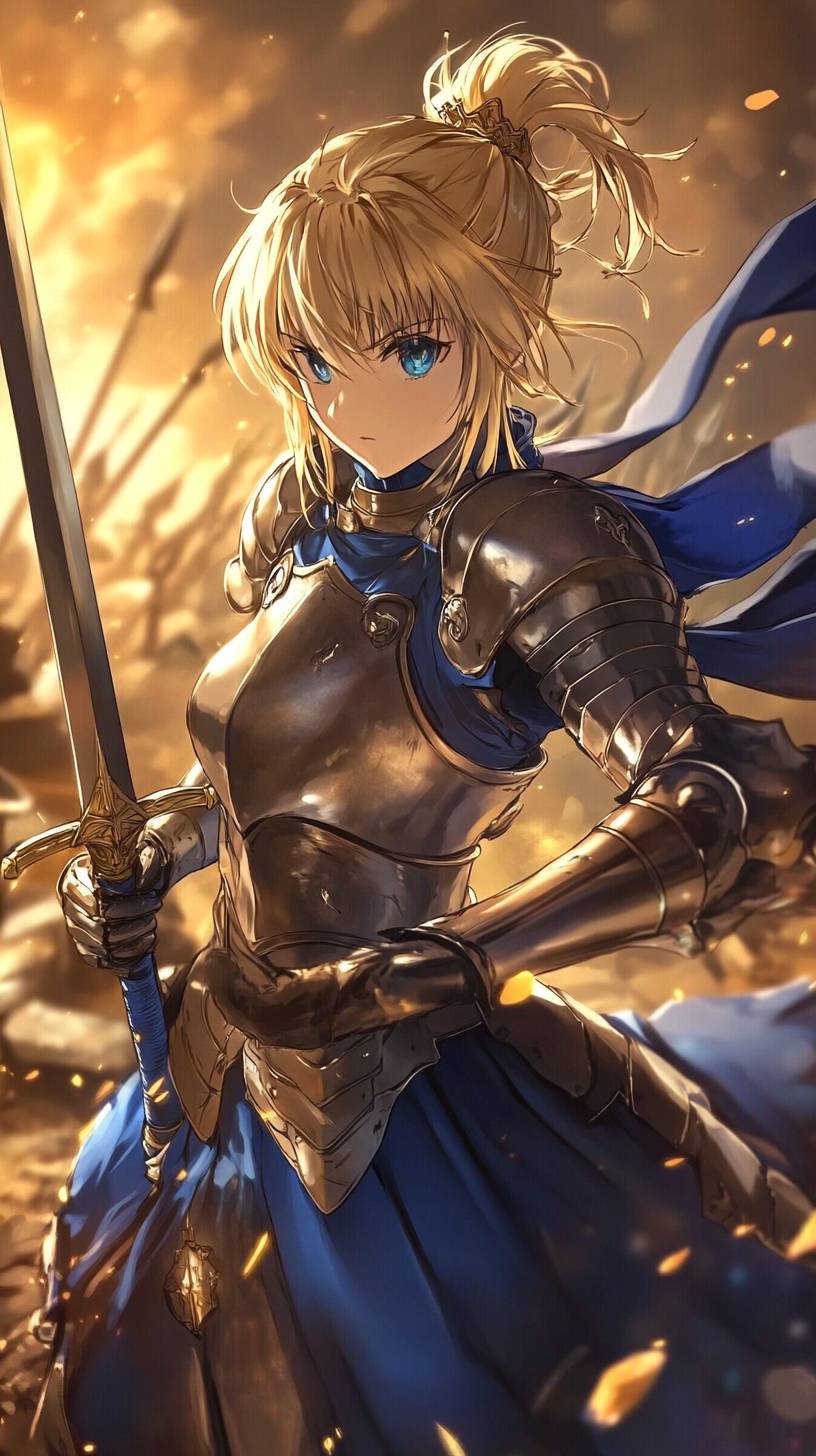 Saber from Fate/Stay Night in blue ribboned armor, with blonde hair in a bun, raises Excalibur on a golden battlefield.